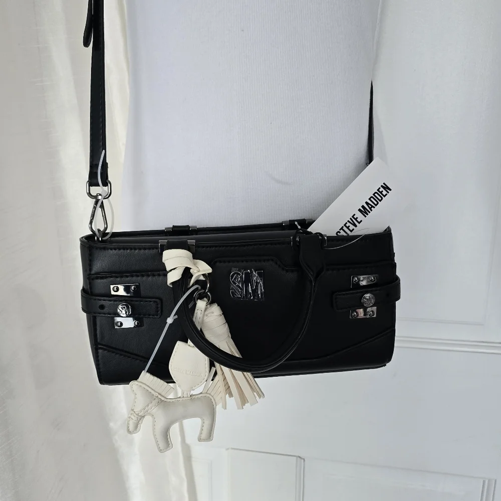 Steve Madden BMEAD Top Handle East West Crossbody Satchel Black Bag Horse Charm